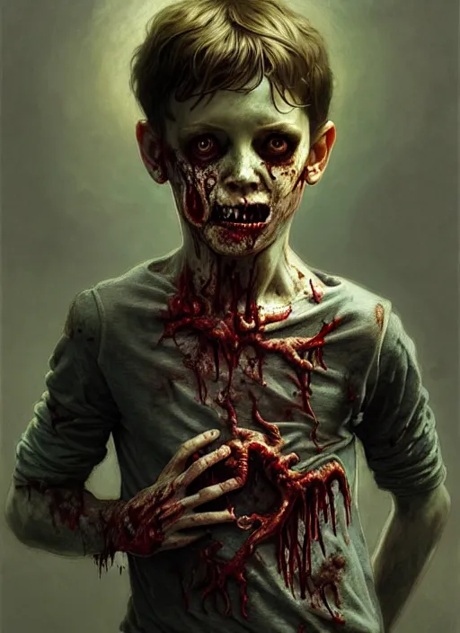 Prompt: a zombie young boy, diffuse lighting, fantasy, intricate, elegant, highly detailed, lifelike, photorealistic, digital painting, artstation, illustration, concept art, smooth, sharp focus, art by john collier and albert aublet and krenz cushart and artem demura and alphonse mucha