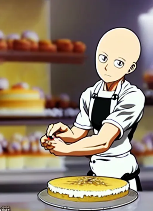 Image similar to chef saitama one punch man, dressed as a pastry chef, fiercely focused at making a cake, beautiful anime artwork