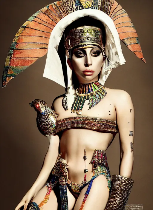 Image similar to lady gaga in an egyptian themed photoshoot, nick knight, annie leibovitz, posing, style, vogue magazine, highly realistic. high resolution. highly detailed. dramatic. 8 k. 4 k.