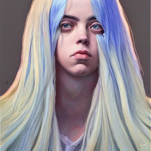 Prompt: Billie Eilish, by Mark Brooks, by Donato Giancola, by Olivia De Berardinis, very very very very very very beautiful, glowing hair, angel