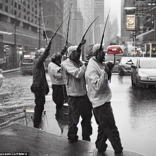 Image similar to closeup portrait of a group of fishermen trying to fish with fishing rods in between car traffic in rainy new york street, by David Lazar, natural light, detailed face, CANON Eos C300, ƒ1.8, 35mm, 8K, medium-format print