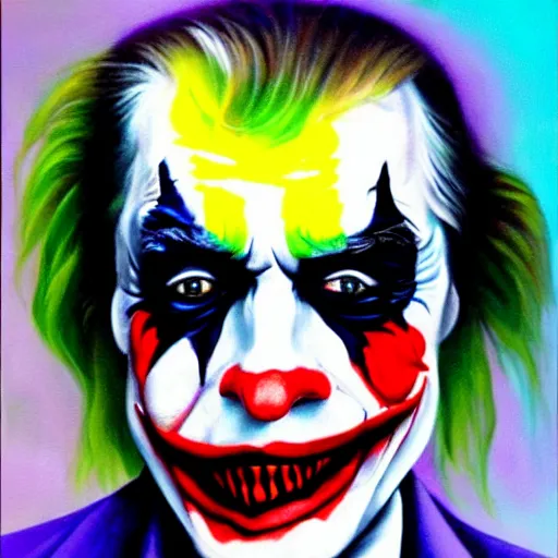Prompt: donald trump with his face painted like the joker, oil painting, detailed, realistic,