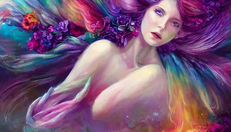 Image similar to a colorful and provenance portrait painting of a angel with her hugeflowers wings spread out gracefully, highly saturated colors, highly detailed, hair made of hair made of air wind and curling smoke, mist, dust, genie, flowers, flower, stars, spirit fantasy concept art, art by charlie bowater and aenami, trending on artstation.