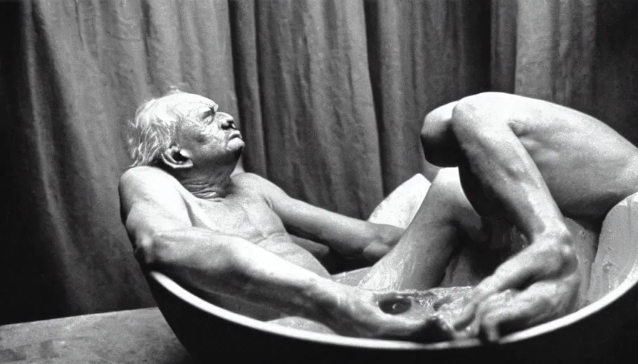 Prompt: 1 9 6 0 s movie still by tarkovsky of an elder socrates drinking hemlock in a bowl in his bath, cinestill 8 0 0 t 3 5 mm b & w, high quality, heavy grain, high detail, panoramic, cinematic composition, dramatic light, anamorphic, jacques louis david style, raphael style, piranesi style