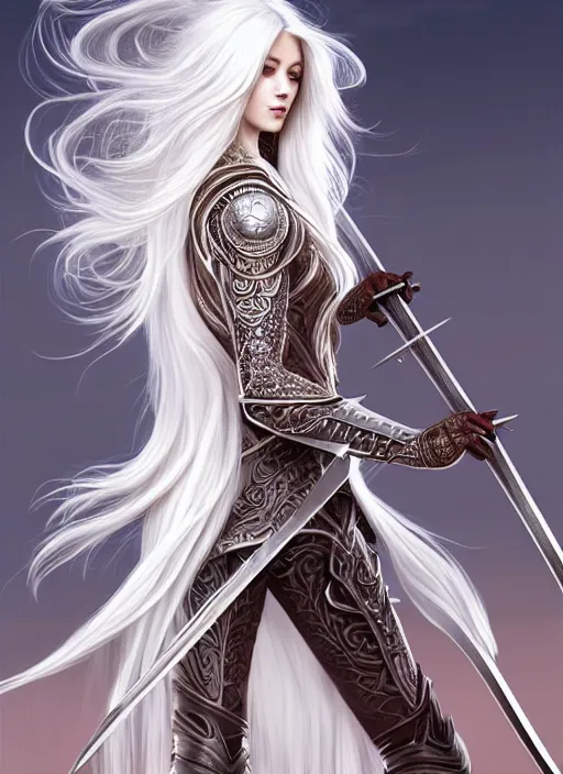 Image similar to full body painting of a woman with flowing luscious glowing white hair standing whilst holding a sword, wearing intricate plate - armor and leather underneath. intricate, elegant, highly detailed, digital painting, artstation, concept art, smooth, sharp focus, illustration, by terry wei, qiu fang, tooth wu, kan liu, siwoo kim, jisu choe