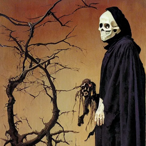 Image similar to portrait of a man in a long flowing hooded cloak and a skull mask, by Gerald Brom and Norman Rockwell