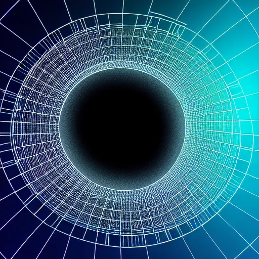 Prompt: a highly detailed artwork of a black hole inside a golden dodecahedron wireframe structure, deep blue and cyan nebula background