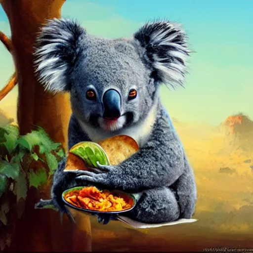 Prompt: a portrait of a koala eating a taco, concept art, trending on art station, by marc simonetti