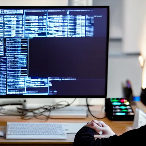 Image similar to a Portrait of a hacker, computer screens in the background, dark, dramatic, realistic studio lighting, realistic reflections, 4k, professional, canon