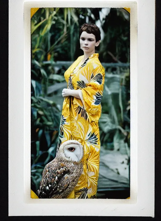 Prompt: grainy head to shoulder portrait Polaroid film photograph of an elegant top model wearing a yellow kimono with a very detailed barn owl on her shoulder!!! in a tropical greenhouse. looking at the camera!!. super resolution. Extremely detailed. Polaroid 600 film. art by James Gurney.