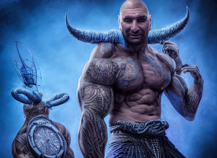 Image similar to blue dave bautista with antennas. fantasy magic style. highly detailed 8 k. intricate. nikon d 8 5 0. award winning photography.