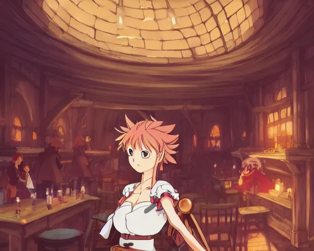 Image similar to anime visual, portrait of a young female traveler in a busy fantasy medieval tavern interior, cute face by yoh yoshinari, seven deadly sins anime, studio lighting, dynamic pose, dynamic perspective, strong silhouette, anime cels, cel shaded, slayers, in focus, rounded eyes