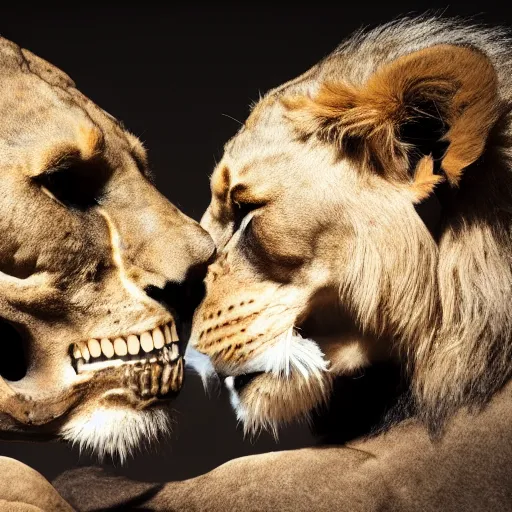 Prompt: a photography of a lion skull kissing a young male human skull, detailed, 4k