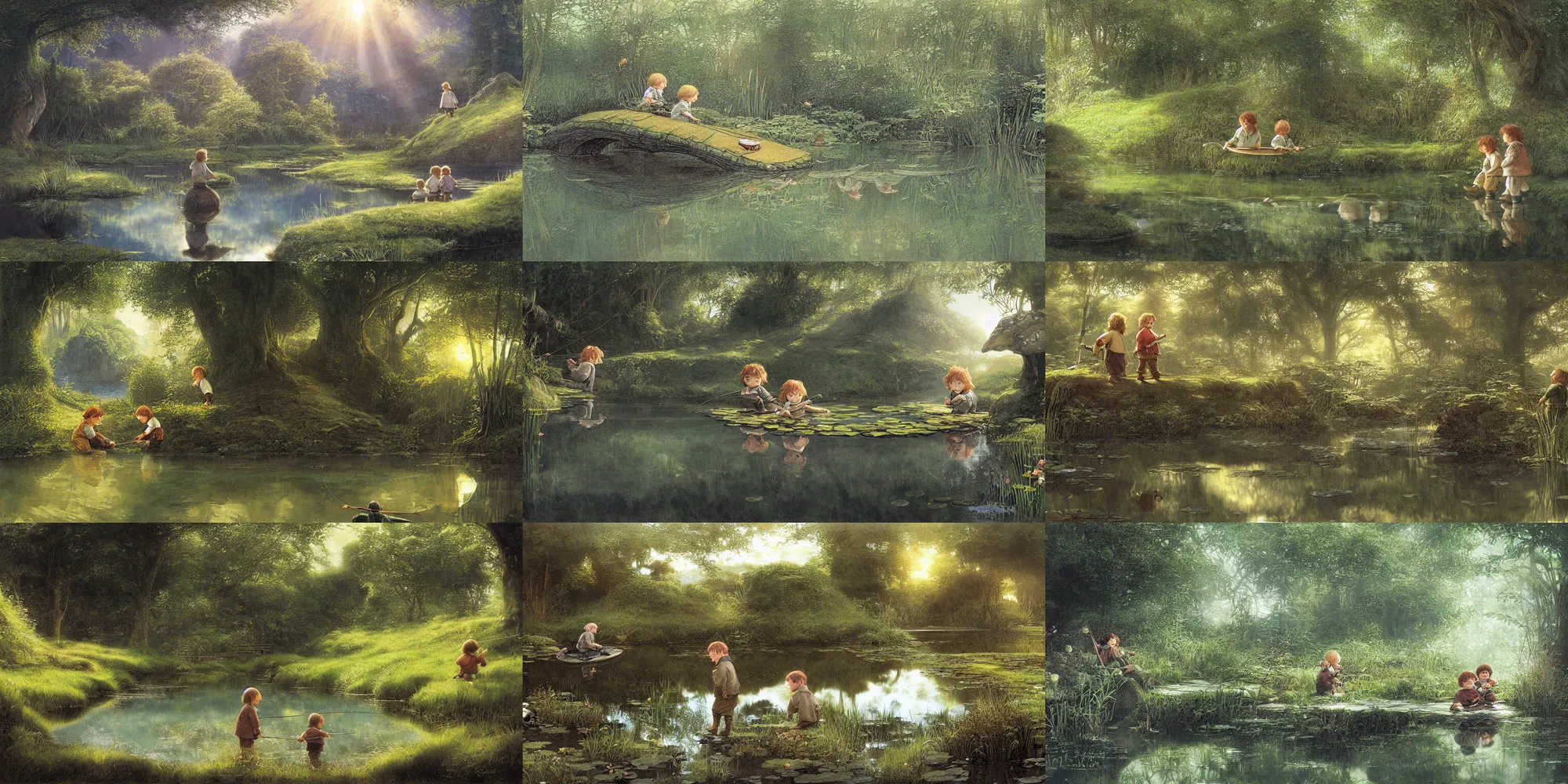 Prompt: two smiling hobbit children fishing in a mirror - like crystal clear pond, by alan lee, dark forest background, sunlight filtering through the trees, lotus flowers, digital art, art station.