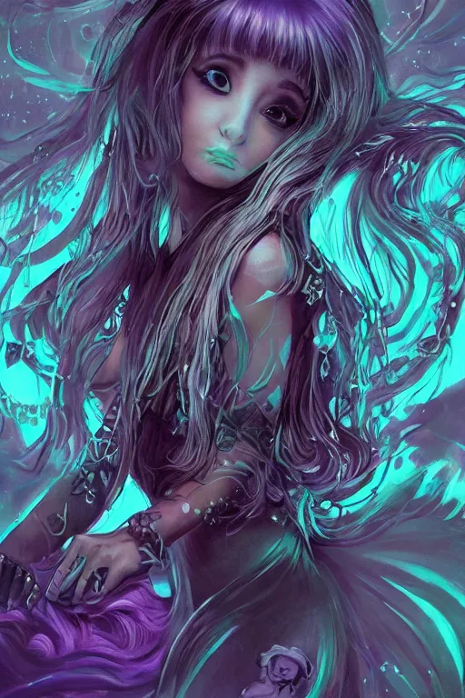 Prompt: ink witch ariana grande, art by frank kelly & michael bohme, trending on artstation, bioluminescence closeup view illustrator, american romanticism, very very elegant, 4 k hd