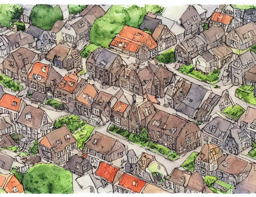 Prompt: a building in a typical dutch village. isometric aerial view. whimsical watercolor illustration by anton pieck. very detailed