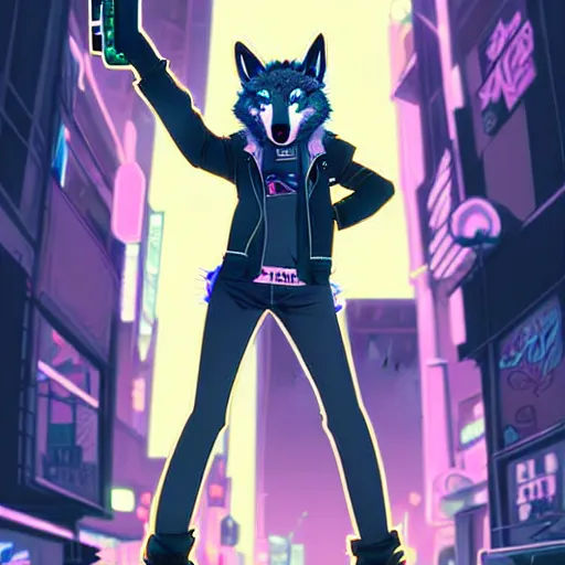Image similar to beautiful furry art full body commission of an androgynous furry anthro wolf fursona wearing punk clothes in the streets of a cyberpunk city. neon signs. character design by charlie bowater, ross tran, artgerm, and makoto shinkai, detailed, inked, western comic book art