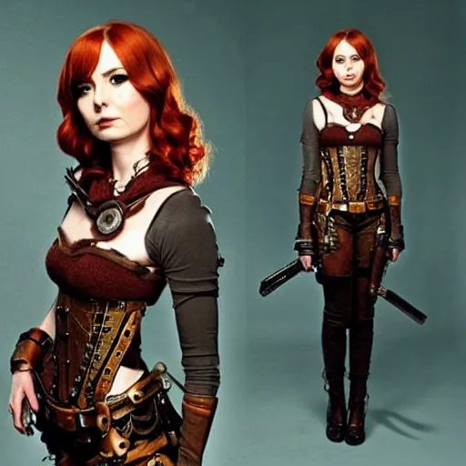 Prompt: full body photo of karen gillan as a steampunk amazon warrior