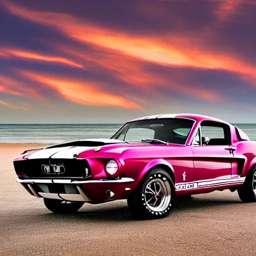 Image similar to long shot of 1967 Ford mustang Shelby GT500 in pink color at sunset in front a beach, 8k, amazing reflection, UHD Photography