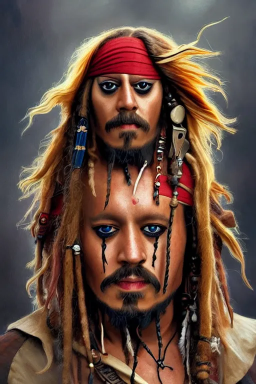 Image similar to Boris Johnson as Jack Sparrow, Boris Johnson hairstyle, realistic portrait, symmetrical, highly detailed, digital painting, artstation, concept art, smooth, sharp focus, illustration, cinematic lighting, art by artgerm and greg rutkowski and alphonse mucha