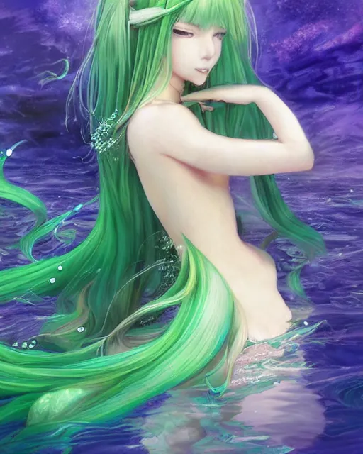 Image similar to beautiful green hair mermaid, anime style, epic underwater scenery wallpaper aesthetic, pastel colors, cinematic, dramatic, super detailed and intricate, hyper realistic, 4 k render, by artgerm, by kyoung hwan kim, by ralph mcquarrie, by yoshiyuki tomino