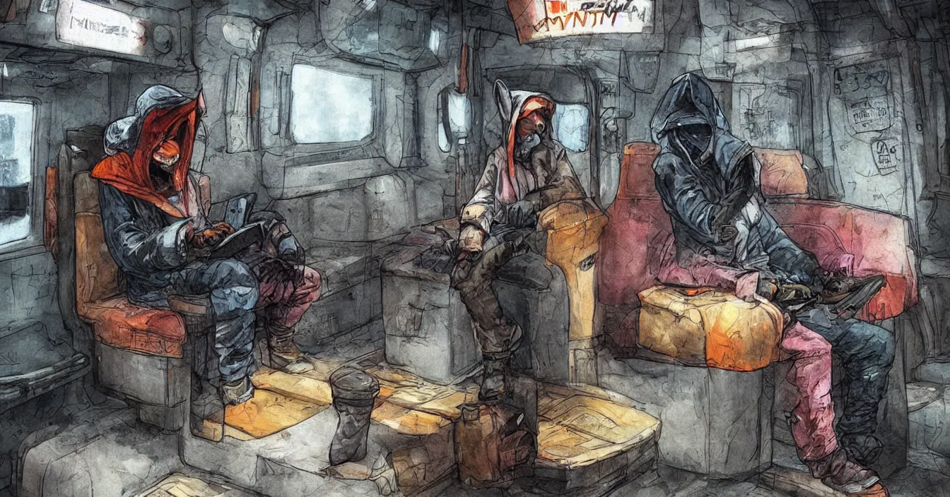 Prompt: Imagination of homeless fox with hood over head and old coat, sits on a dirty seat in a old subway car, cyberpunk 2077, amazing digital art