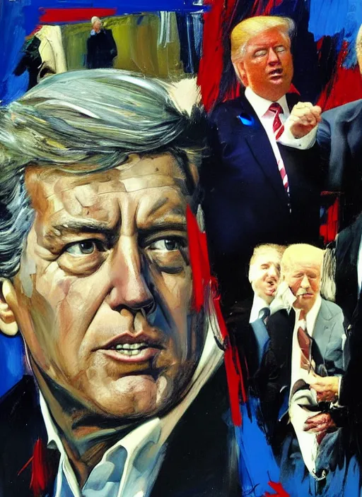 Prompt: joe biden, jeffrey epstein, donald trump, bill clinton, ted cruz, ghislaine maxwell, painting by phil hale, fransico goya,'action lines '!!!, graphic style, visible brushstrokes, motion blur, blurry, visible paint texture, crisp hd image