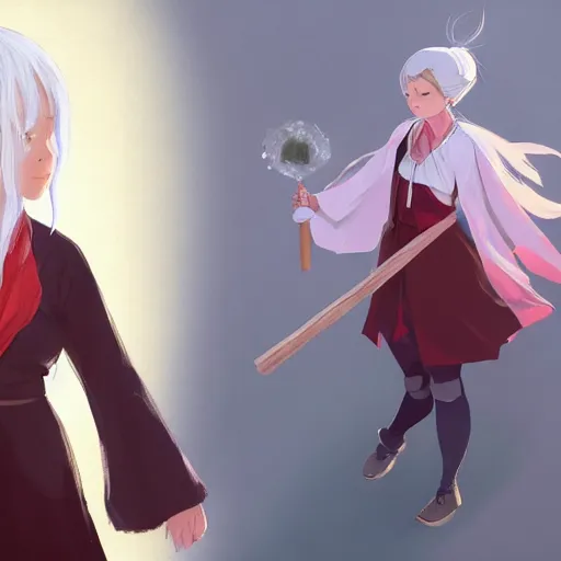 Prompt: full body portrait of a girl sorcerer with white hair in a hairbun, she is wearing a red scarf. she is holding a large natural wood wand with leaves on it and a crystal at the top. cgsociety masterpiece, artstation trending, by rossdraws, ghibli, kimi no na wa, greg rutkowski, simon stalberg, greg manchess