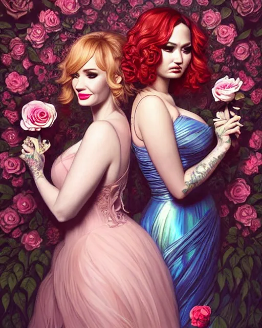 Image similar to perfectly - centered!! looking at the camera!!! full body portrait of christina hendricks and demi lovato with roses, baroque style, roses, intricate abstract upper body intricate artwork, by tooth wu, wlop, beeple, dan mumford. concept art, octane render, deviantart, greg rutkowski, cinematic arthouse, key art, hyper realism, iridescent accents
