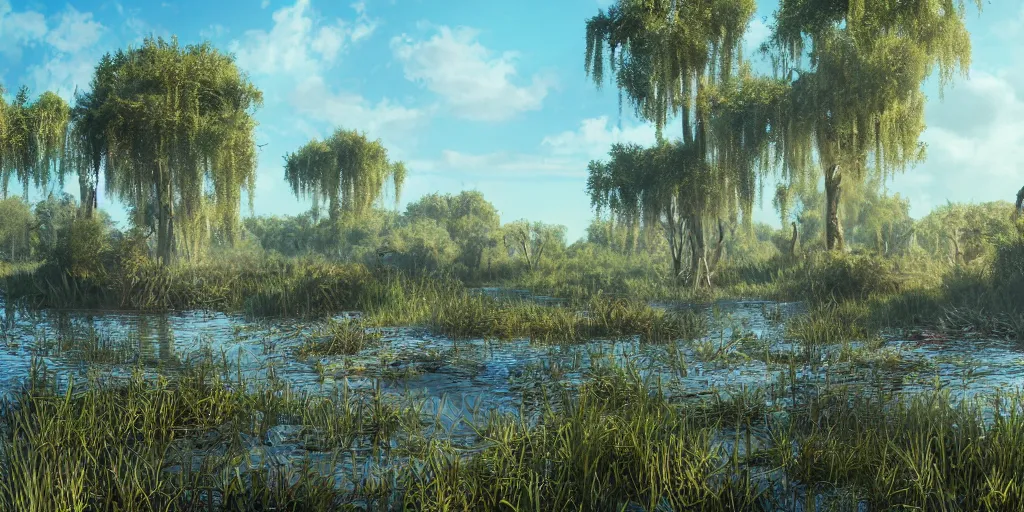 Prompt: a swampy wetland landscape under a sunny blue sky, hyper detailed, digital art, trending in artstation, cinematic lighting, studio quality, smooth render, unreal engine