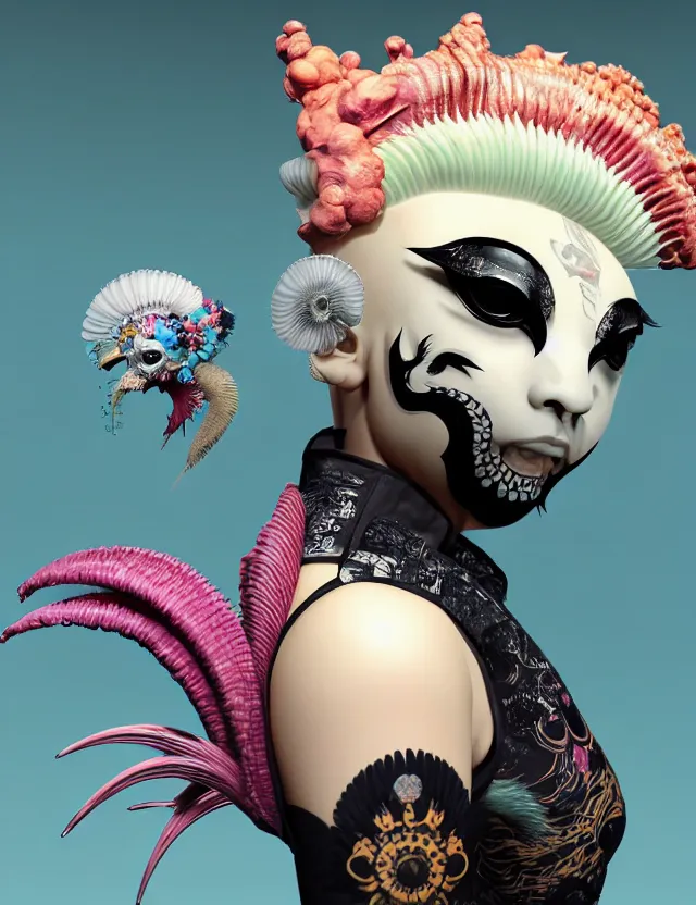 Image similar to 3 d goddess close - up profile simple portrait punk with mohawk with ram skull. beautiful intricately detailed japanese crow kitsune mask and clasical japanese kimono. betta fish, jellyfish phoenix, bio luminescent, plasma, ice, water, wind, creature, artwork by tooth wu and wlop and beeple and greg rutkowski