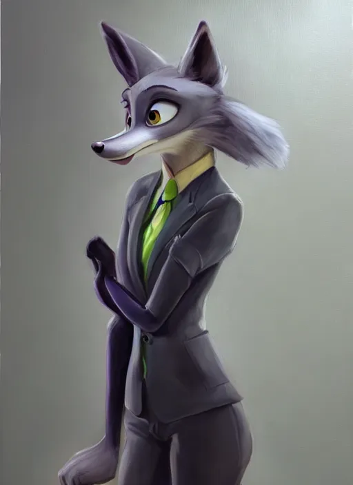 Image similar to oil painting detailed full body of anthromorphic female wolf, in style of zootopia, zootopia, zootopia, fursona, furry, furaffinity, 4 k, deviantart, furry art, fursona art, wearing black business suit, business suit, in style of zootopia, wolf fursona, cyberpunk, female, expressive, detailed feminine face,