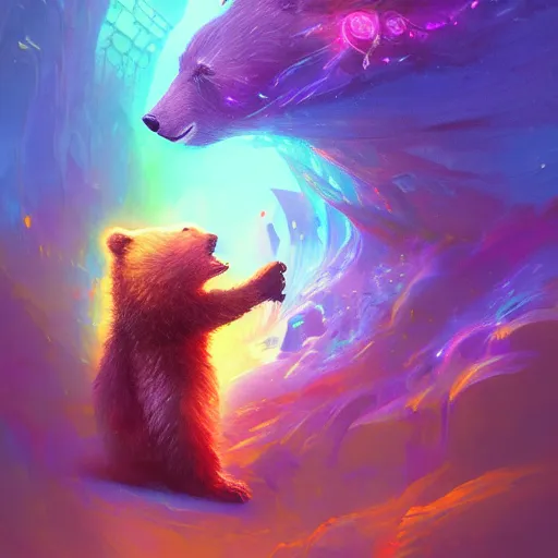 Prompt: a beautiful colorful interesting detailed sci-fi fantasy scene of a bear cub wearing a backpack going through a swirling mystical time portal to Wonderland , magic the gathering, Marc Simonetti and Anato Finnstark, neon pastel color palette, vibrant 8k rendering, concept art, trending on artstation HQ