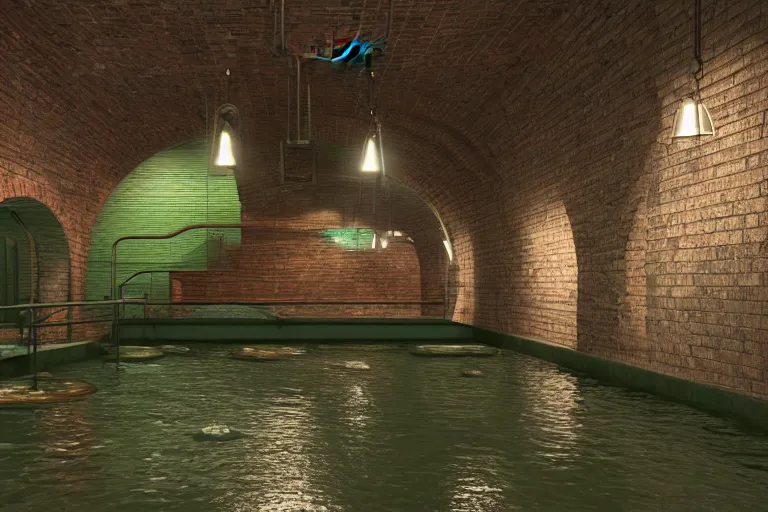Prompt: underground water sewer tunnels with gym equipment, railing along the canal, brick walls, arches, detailed architecture, brass pipes on the walls, a slight green glow emanates from the water, artificial warm lighting, a variety of vivid materials, Unreal Engine render, 3D Pixar render
