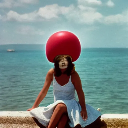 Prompt: middle aged woman with an inflatable head on top of her head, wearing a dress, at the seaside, 1976 French film, archival footage, technicolor film expired film live-action, 16mm