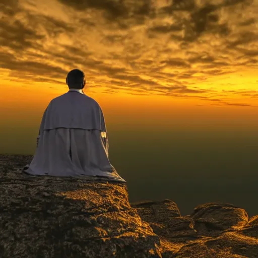 Prompt: An old and friendly looking catholic priest kneeled in prayer at the summit of a tall tower. The night sky is filled with a yellow shadow. 4K, photorealistic, dramatic lighting