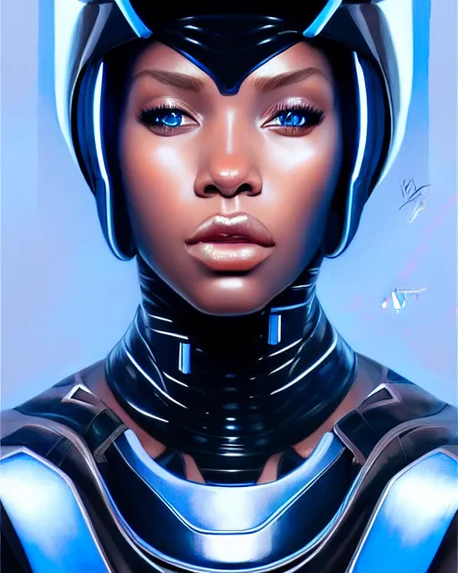 Image similar to Portrait of very very very very very very beautiful black woman, spacesuit, futuristic cybernetic helmet, blue eyes, real life skin, intricate, elegant, highly detailed, artstation, concept art, smooth, sharp focus, art by artgerm and greg rutkowski and alphonse mucha