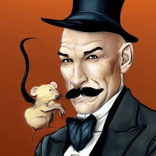 Image similar to older fantasy butler that looks similar to michael kane and patrick stewart, full body portrait, handsome, well groomed mustache, detailed, magic the gathering art style, balding, well dressed, pet rat on shoulder