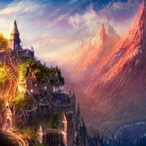 Prompt: the secret city of the elves gondolin on top of a mountain, highly detailed, digital painting, artstation, matte, sharp focus, impressionnisme, vivid color,