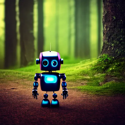 Image similar to a cute little robot in a wood. super realistic 8 k render of a dark hooded powerful elegant, cinematic composition