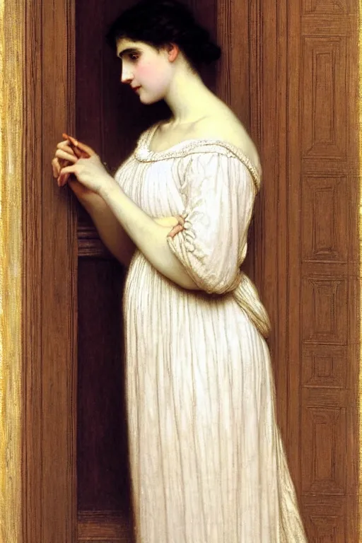 Prompt: lady in thought by auguste toulmouche and bouguereau, perfect detailed eyes, pale skin, blonde hair, leaning on door