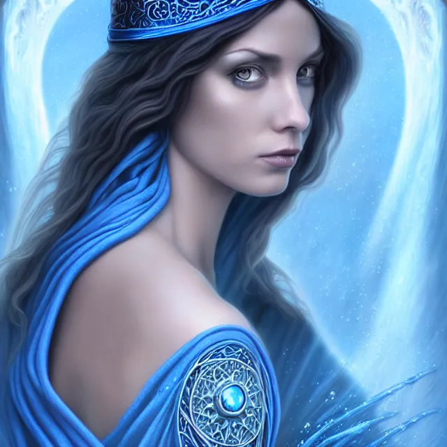 Image similar to beautiful!! water witch with intricate blue robes artgerm anne stokes highly detailed 8 k hdr smooth sharp focus high resolution award - winning photo photorealistic