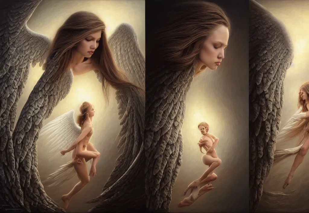 Image similar to picture split from the middle with an border, angels with different backroundsnon, intricate, elegant, highly detailed, realistic hair, centered, digital painting, art station, conceptual art, soft, sharp focus, illustration, artwork, artgerm, tomasz alen kopera, donato giancola, wlop, boris vallejo