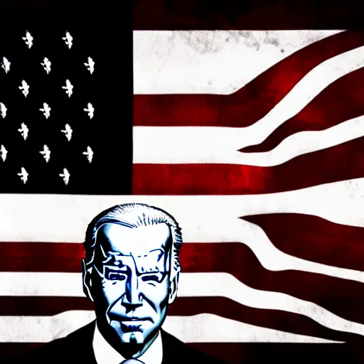 Image similar to Joe Biden looking sinister, american flag, by Tsutomu Nihei, highly detailed