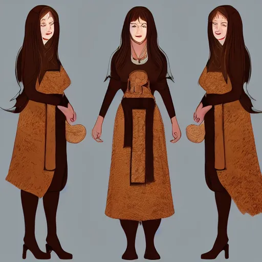 Image similar to siblings, 2 5 years old women : : dark straight hair : : slightly overweight : : brown medieval cloting, natural materials : : high detail, digital art, illustration, realistic