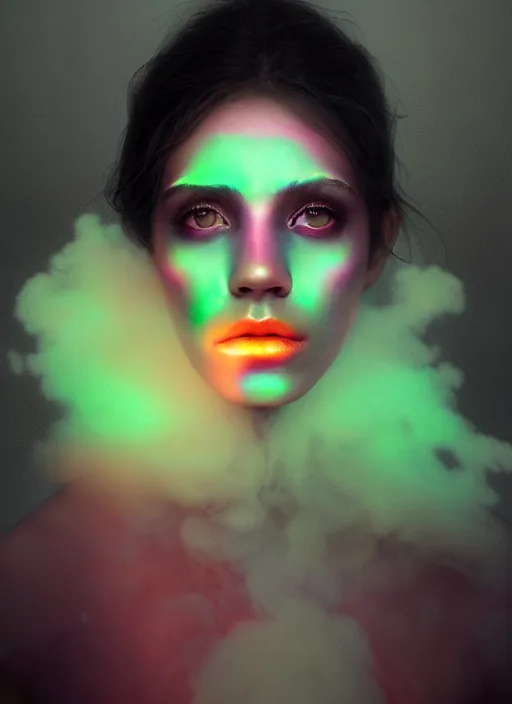 Prompt: an ethereal, misty portrait of a woman whose face is covered with glowing makeup. the makeup is iridescent and neon - toned. the makeup floats off her face and joins swirling clouds of smoke and fog. surreal portrait, concept art, cinematic lighting, 8 k, sharp focus, digital painting, rendered in octane, painted by tom bagshaw, artgerm