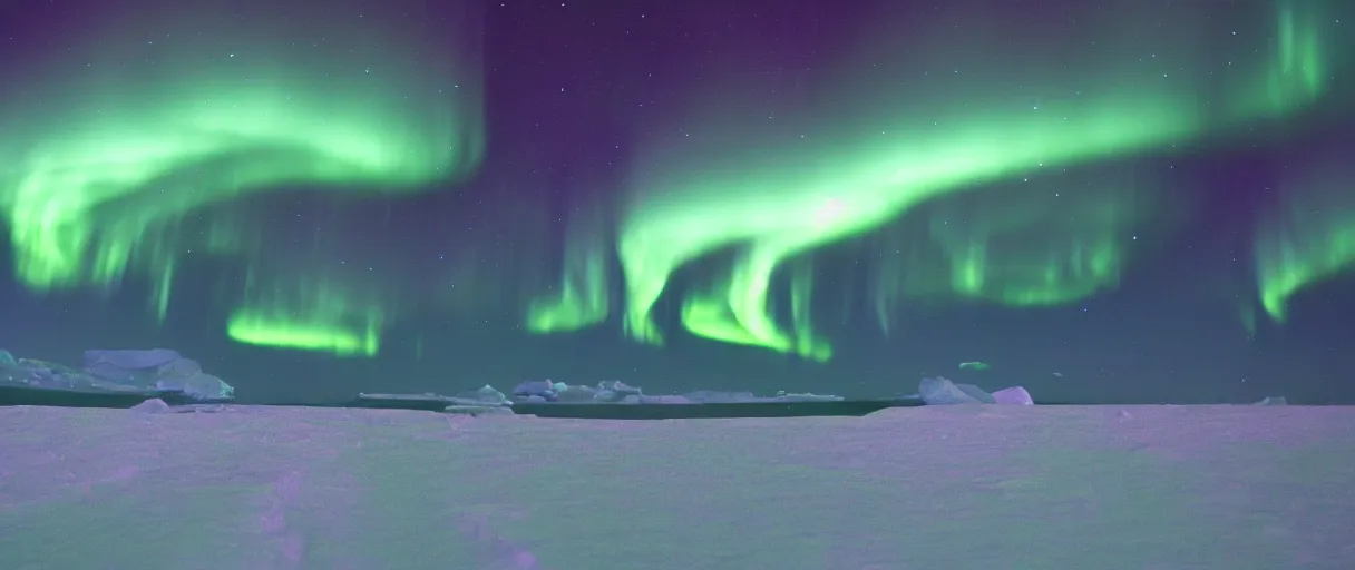 Image similar to filmic extreme wide shot movie still 4 k uhd interior 3 5 mm film color photograph of an antarctic ice shelf lit up by the northern lights