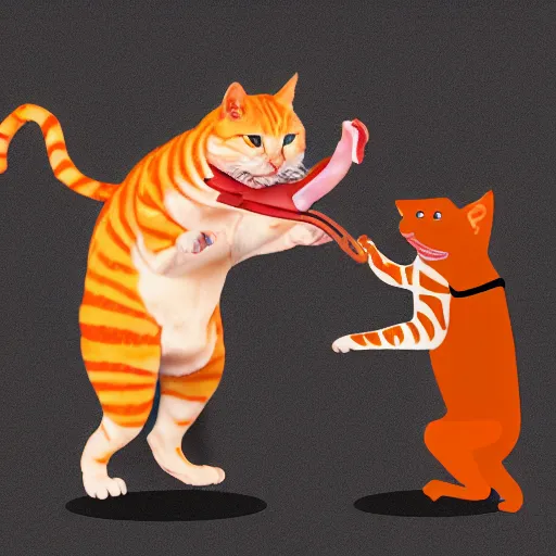 Prompt: orange tabby cat fighting an anthropomorphic bacon strip, anthropomorphic bipedal bacon strip fighting tabby, realistic