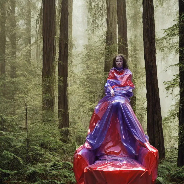 Prompt: a color photograph, closeup portrait of a woman wrapped in plastic, sitting in a plastic throne, in a foggy redwood forest, color photograph, by vincent desiderio, canon eos c 3 0 0, ƒ 1. 8, 3 5 mm, 8 k, medium - format print