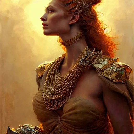 Image similar to highly detailed portrait of a majestic lioness queen in the form of a beautiful woman. d & d, art by gerald brom and ruan jia and carl larsson. trending on artstation, intricate details, energetic composition, golden ratio, concept art, illustration, elegant art